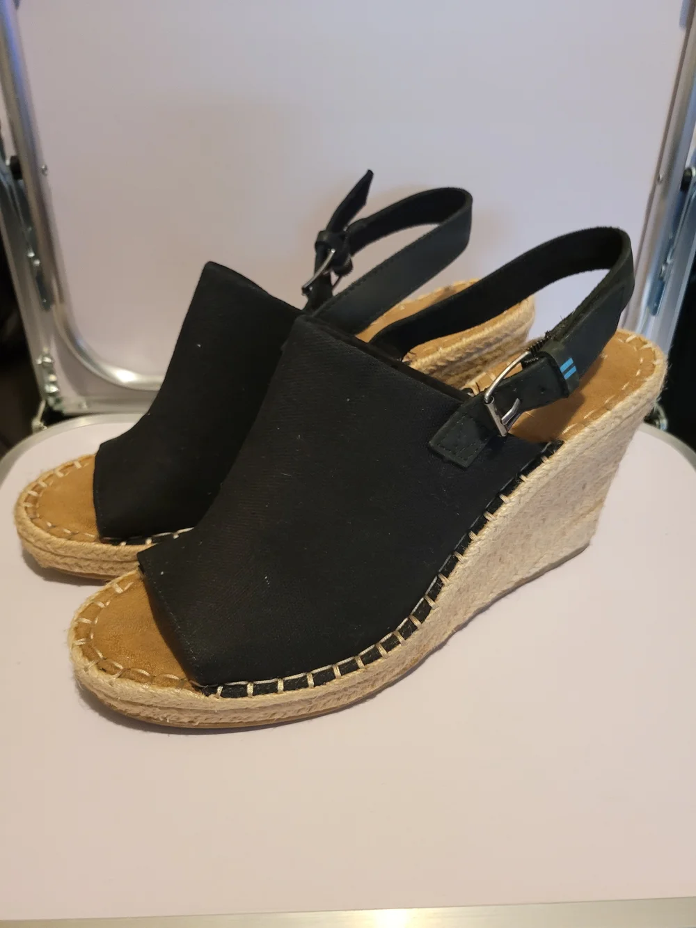 Toms Black Canvas Espadrille Wedge Sandals